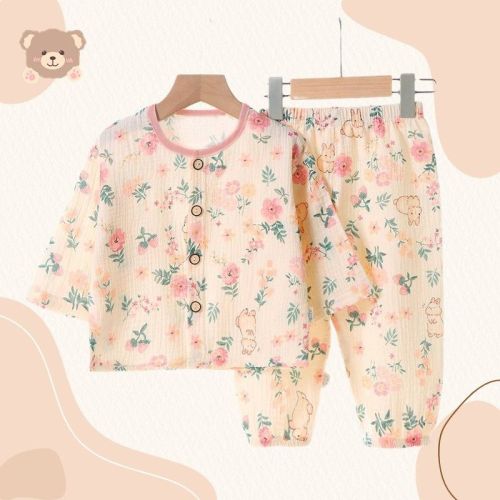 Summer children's thin cotton gauze pajamas for boys and girls double-layer pure cotton air-conditioning clothes baby long-sleeved trousers home clothes