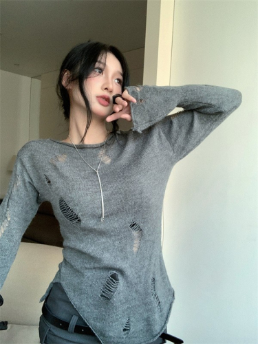 Lazy style ripped long-sleeved sun protection knitted blouse for women spring thin irregular design niche tops and jackets