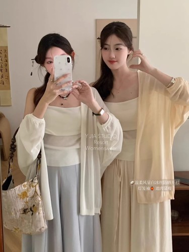 Gentle and lazy style, versatile ice silk sun protection top, summer long-sleeved loose outer knitted cardigan, mid-length shawl