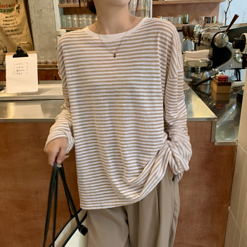 Actual shot of summer Korean version of the new lazy style loose long-sleeved thin casual striped T-shirt sun protection shirt