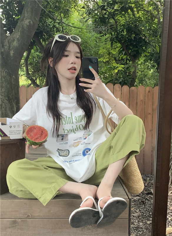 Real shot of Korean style loose ins short-sleeved casual T-shirt + fashionable straight wide-leg nine-point pants