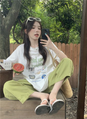Real shot of Korean style loose ins short-sleeved casual T-shirt + fashionable straight wide-leg nine-point pants