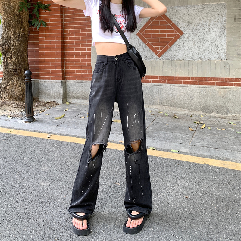 實拍美式高街黑色破洞牛仔褲女夏季新款ins直筒寬鬆拖地闊腿褲子