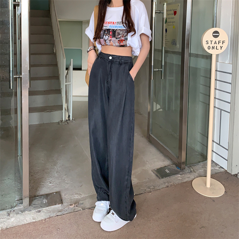 實拍天絲高腰闊腿牛仔褲女2024年春季新款顯瘦寬鬆冰絲直筒褲薄款