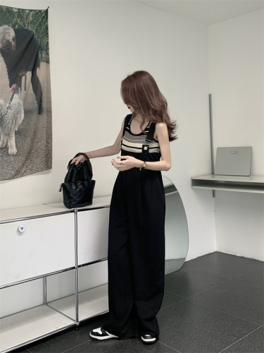 Actual shot~Korean version of loose, small, high-waisted straight wide-leg pants + slim-fitting bottoming vest