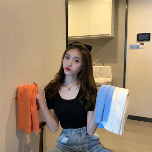 Real shot Korean basic single product knitted short-sleeved French square neck large neck top T-shirt