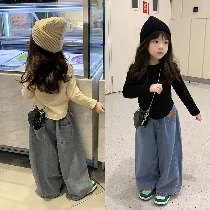 New spring and autumn girls' suits, Korean style bottoming shirts, casual jeans, girls' wide-leg pants, girls' tops