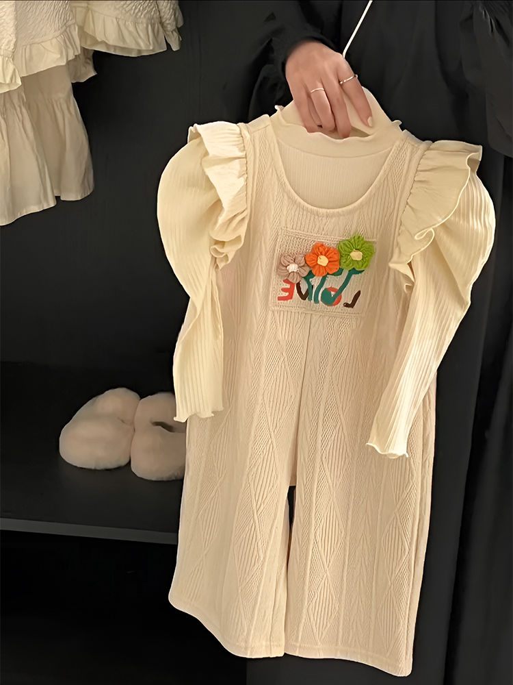 Korean children's clothing girls' autumn suit new style Korean style loose children's bottoming shirt flower jumpsuit