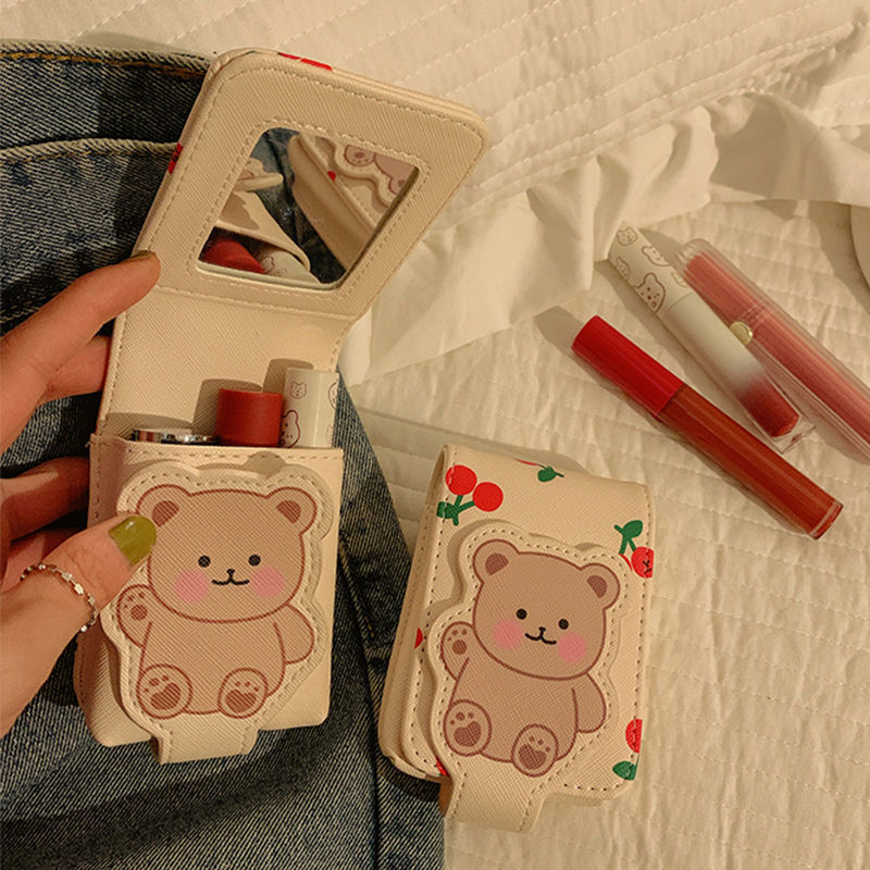 Bear lipstick bag with mirror mini bag girl portable travel makeup bag makeup storage bag advanced