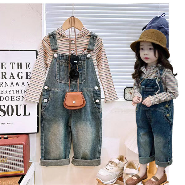 Children's clothing 2024 spring and autumn new style girls striped hooded sweatshirt loose and stylish denim overalls two-piece baby set