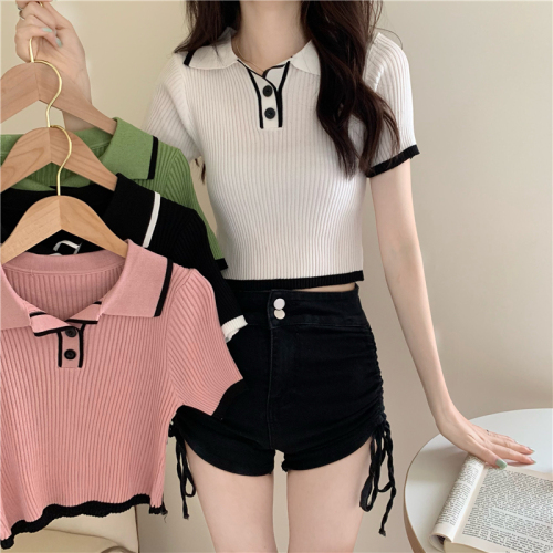 Actual shot of summer Korean version of contrasting color polo collar short-sleeved slimming short knitted top trendy