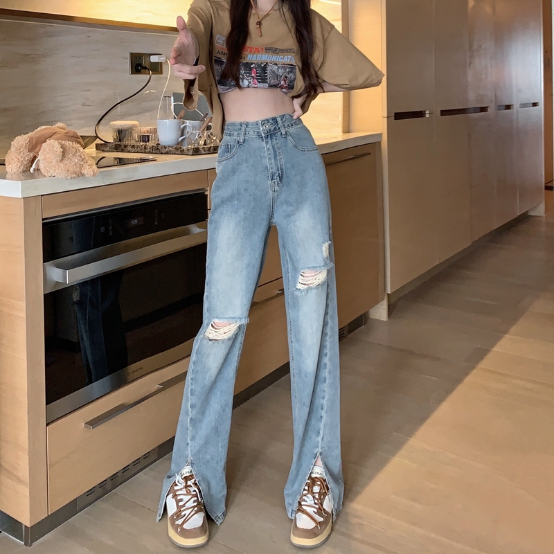 Actual shot#High-waisted slimming ripped trousers with slits and floor-length trousers for women new versatile washed jeans