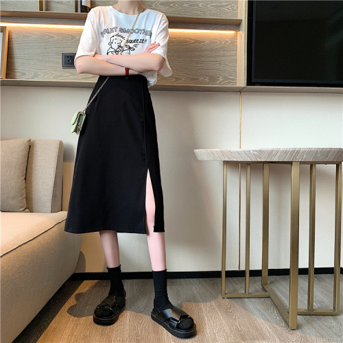 Actual shot and real price 2020 spring and summer Korean style high-waisted slimming drapey side slit mid-length skirt for women A-line skirt