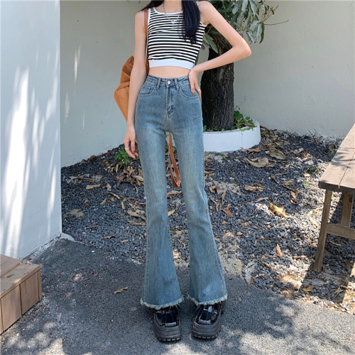 Actual shot and real price new style high-waisted slim fit washed retro raw edge ripped denim bootcut pants