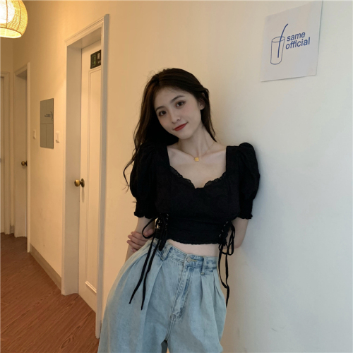 Actual shot of new small drawstring lace-up waist slimming top for women with square collar and exposed navel embroidered shirt