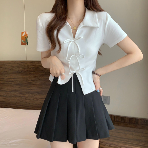 Large size right shoulder polo collar short-sleeved t-shirt for women in summer fat mm slimming loose irregular bow short top