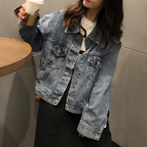 Actual shot Korean style retro blue all-match denim jacket for women loose slimming casual stacking top ins trend