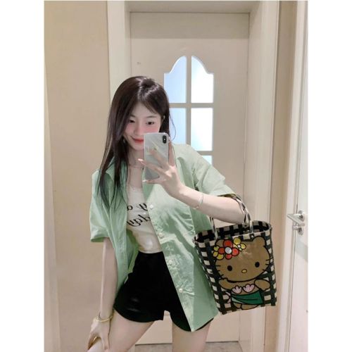 Green short-sleeved shirt for women 2024 new summer loose Korean style solid color top versatile casual niche fresh shirt