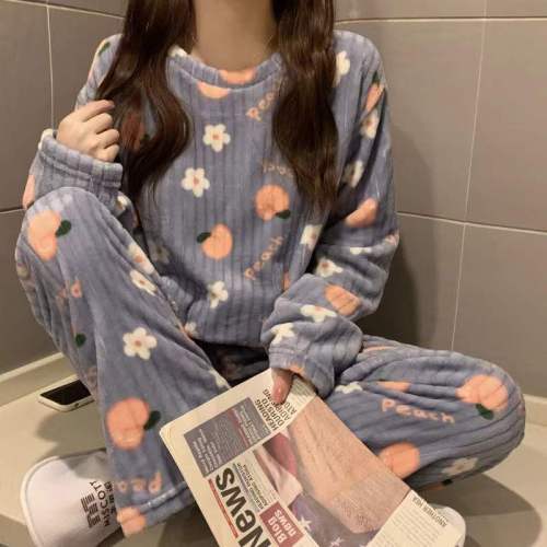 Single/Suit Sweet and Cute Peach Pajamas Two-piece Set Women's Autumn and Winter Korean Style Warm Flannel Home Service