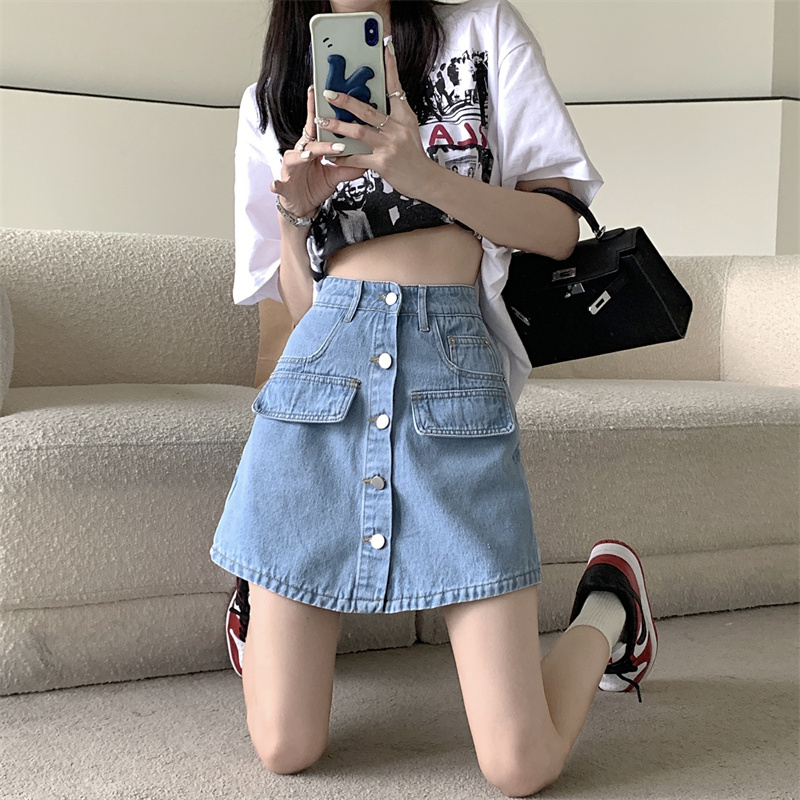 實拍夏季新辣妹裝韓版復古高腰顯瘦女牛仔A字裙半身裙褲防走裙子