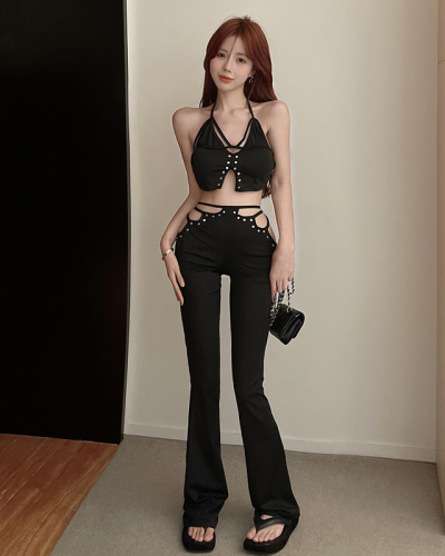 Real shot of slimming suit, hollow short camisole + high-waisted trousers