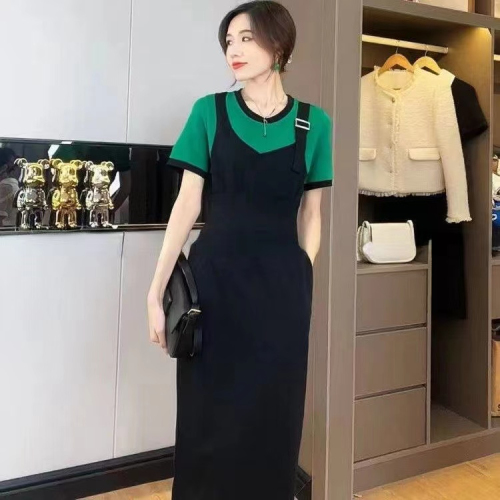 Summer new fake two-piece waist-covering slimming mid-length dress for women with contrasting color splicing high-waisted temperament skirt