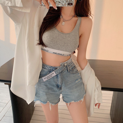 Real shot!  Fashion super hot staggered high waist hot pants women's raw edge design shorts jeans trendy