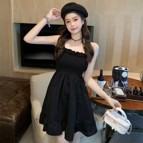 One-shoulder irregular slimming elastic waist short pleated suspender little black dress for women summer new style