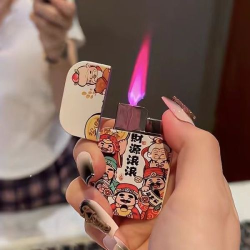 2024 New Year God of Wealth Makes Fortune Cartoon Inflatable Windproof Metal Lighter Pink Flame High-Looking Gift for Boyfriend