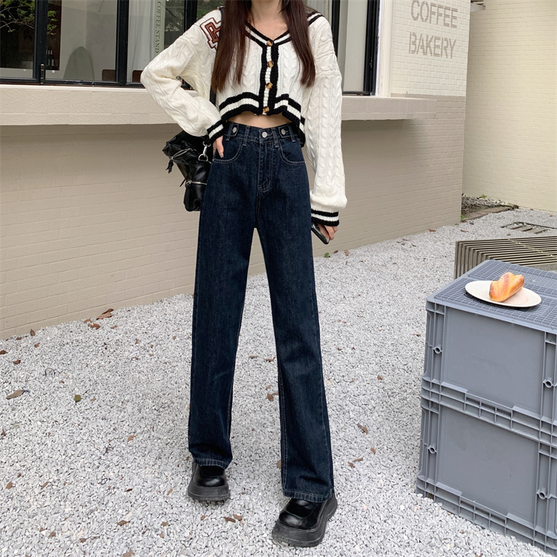 實拍復古牛仔褲女春季2024新款深藍色高腰顯瘦直筒闊腿拖地長褲子