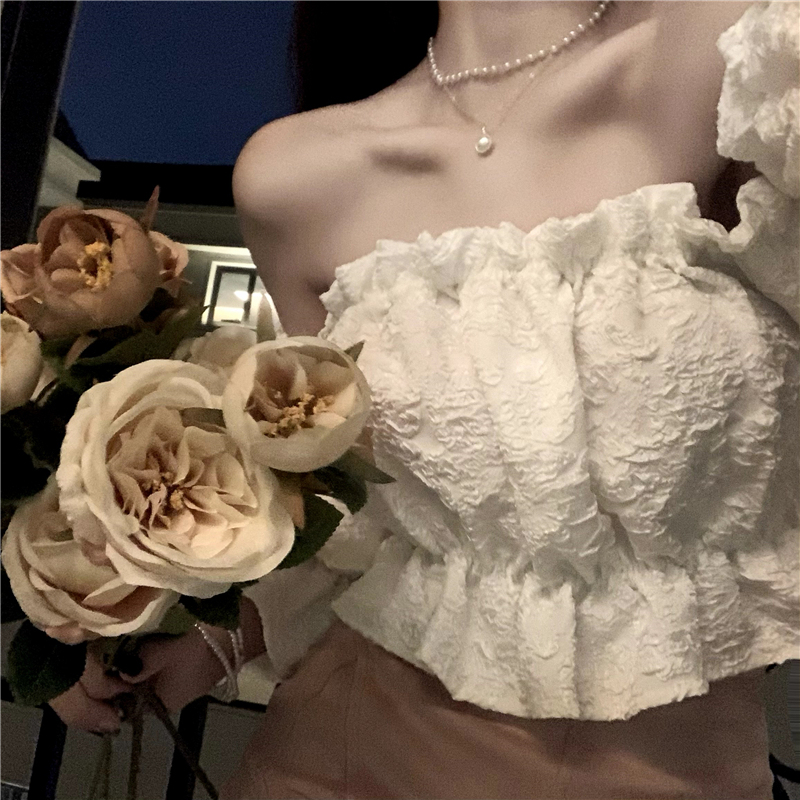Actual shot of summer Korean style one-shoulder sweet design niche short chic shirt