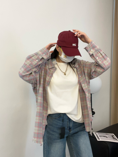 Korean sweet style pink plaid shirt for women, loose casual shirt, long-sleeved top, cardigan jacket worn inside and outside