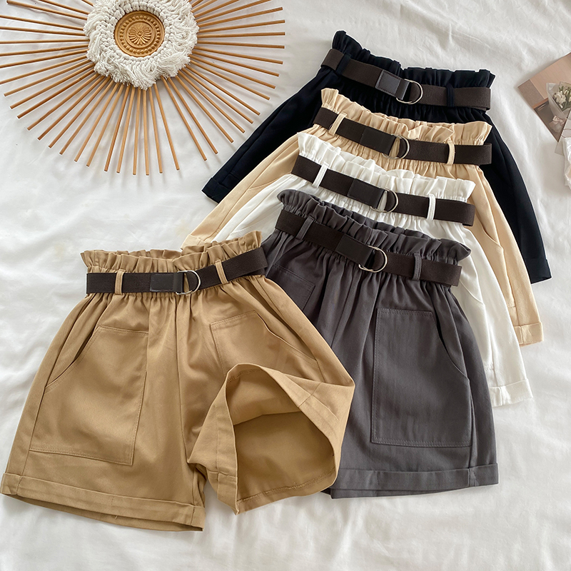 Real-price summer shorts Korean style fashionable simple high-waisted slim student casual wide-leg pants with belt