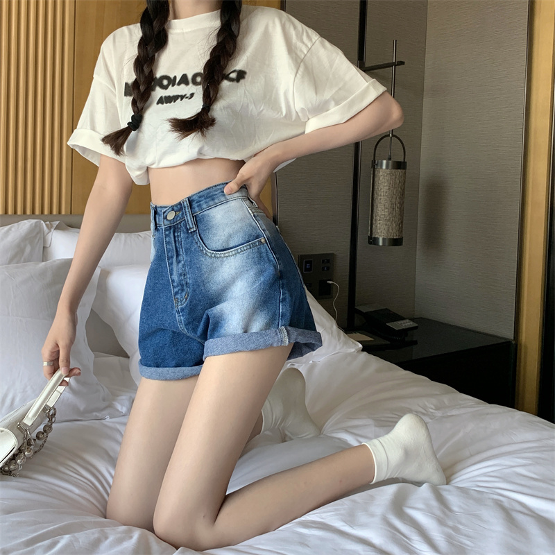 實拍做舊高腰牛仔褲女2024年新款顯瘦a字褲夏季辣妹短褲熱褲ins潮