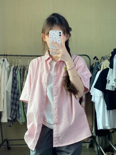 (Pure cotton original quality) Pink short-sleeved shirt for women summer thin loose niche design basic color