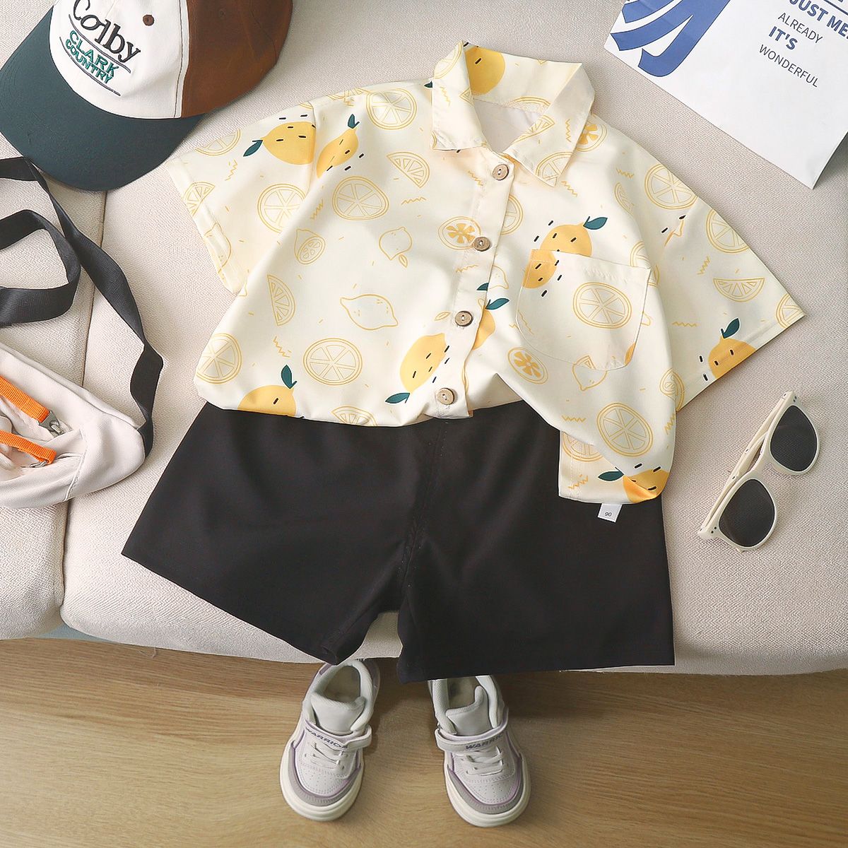 Children's summer thin baby dopamine beach tops short-sleeved shirts lemon yellow boys' loose shirts