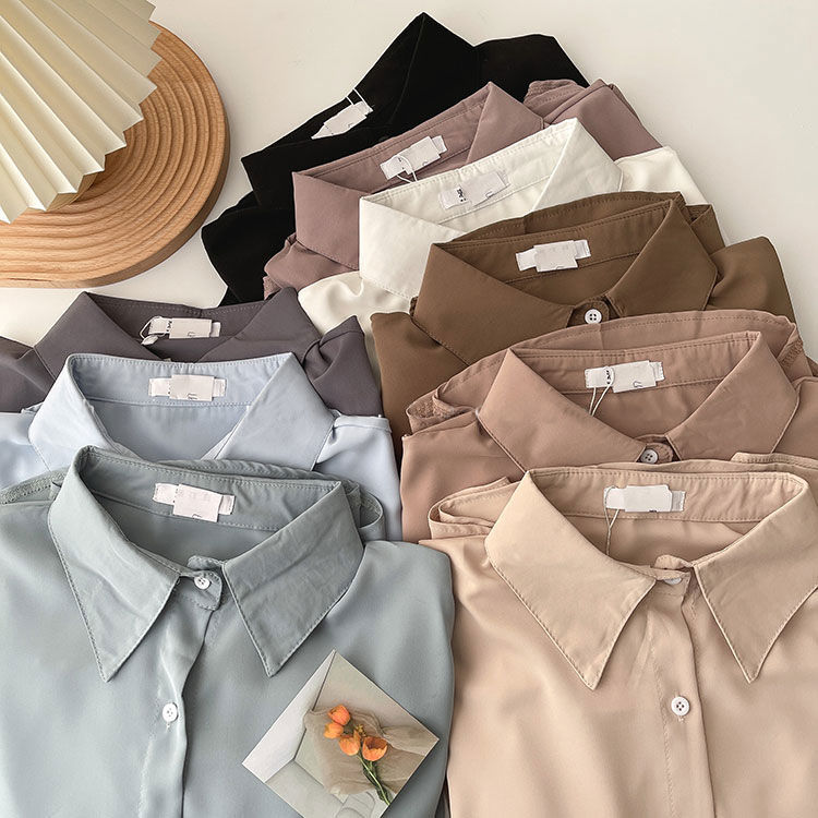 Chiffon shirt women's spring and autumn new Korean style loose women's solid color POLO collar shirt niche bottoming top for women