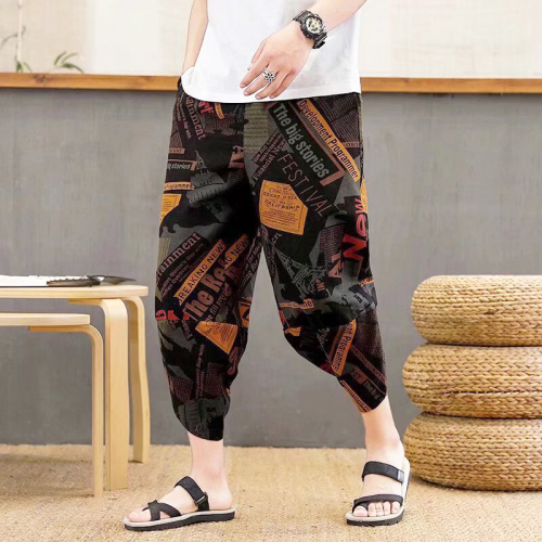 Summer new ethnic style retro printed cropped pants large size loose casual men