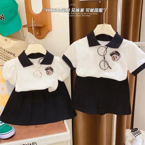 Children's college style suit 2024 summer new Internet celebrity boys and girls brother and sister outfit baby casual short-sleeved two-piece set