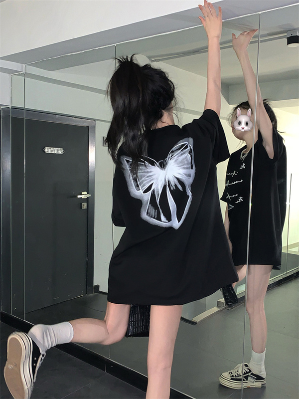 Real shot butterfly letter print T-shirt spring loose design top