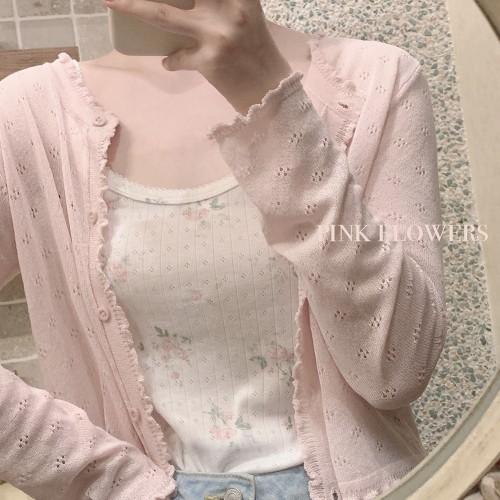 Ultra-thin hazy semi-transparent hollow sun protection shirt white green Barbie pink basic versatile summer knitted air-conditioning short cardigan