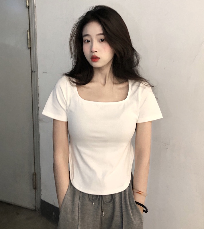 All three standards!  Real shot and real price control 3!  Internet celebrity style pure lust style big U-neck slimming irregular short-sleeved T-shirt