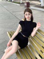 Actual shot and real price Summer new style pure lust temperament design semi-high collar butt-covering dress comes with belt