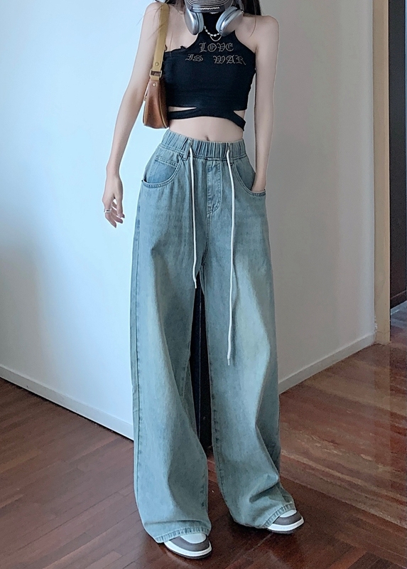 Actual shot#Drawstring strap elastic waist jeans for women high waist straight leg loose wide leg floor pants trendy