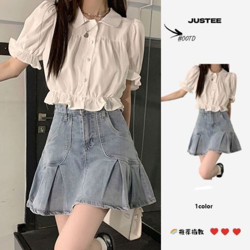 Summer Korean college style petite sweet puff sleeve shirt top for women + high waist slim pleated skirt