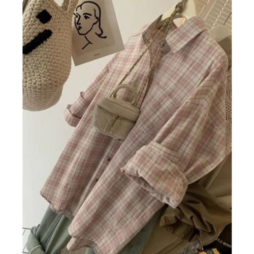 Niche unique and chic super good-looking pink plaid shirt for women loose layered French casual shirt long-sleeved top