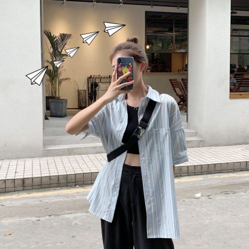 Blue vertical striped mid-length shirt for women summer new 2024 soft girl student forest short-sleeved shirt loose top