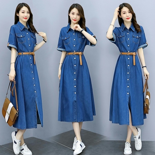 Real shot 8061# Denim dress for women summer  new style French retro waist slimming long skirt