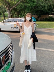 Real shots and real prices ~ Summer lace solid color slimming suspender skirt with bottoming skirt and single-breasted dress