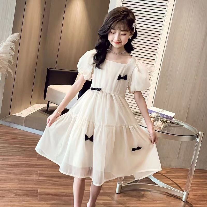 Girls chiffon dress new summer style middle and large children sweet puff sleeve bow princess dress 2023